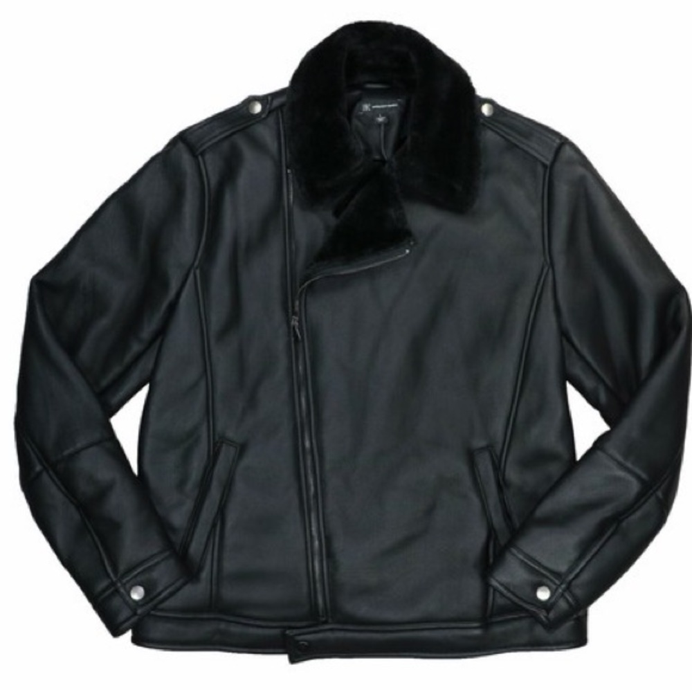 INC International Concepts Black Faux Leather Bomber Jacket